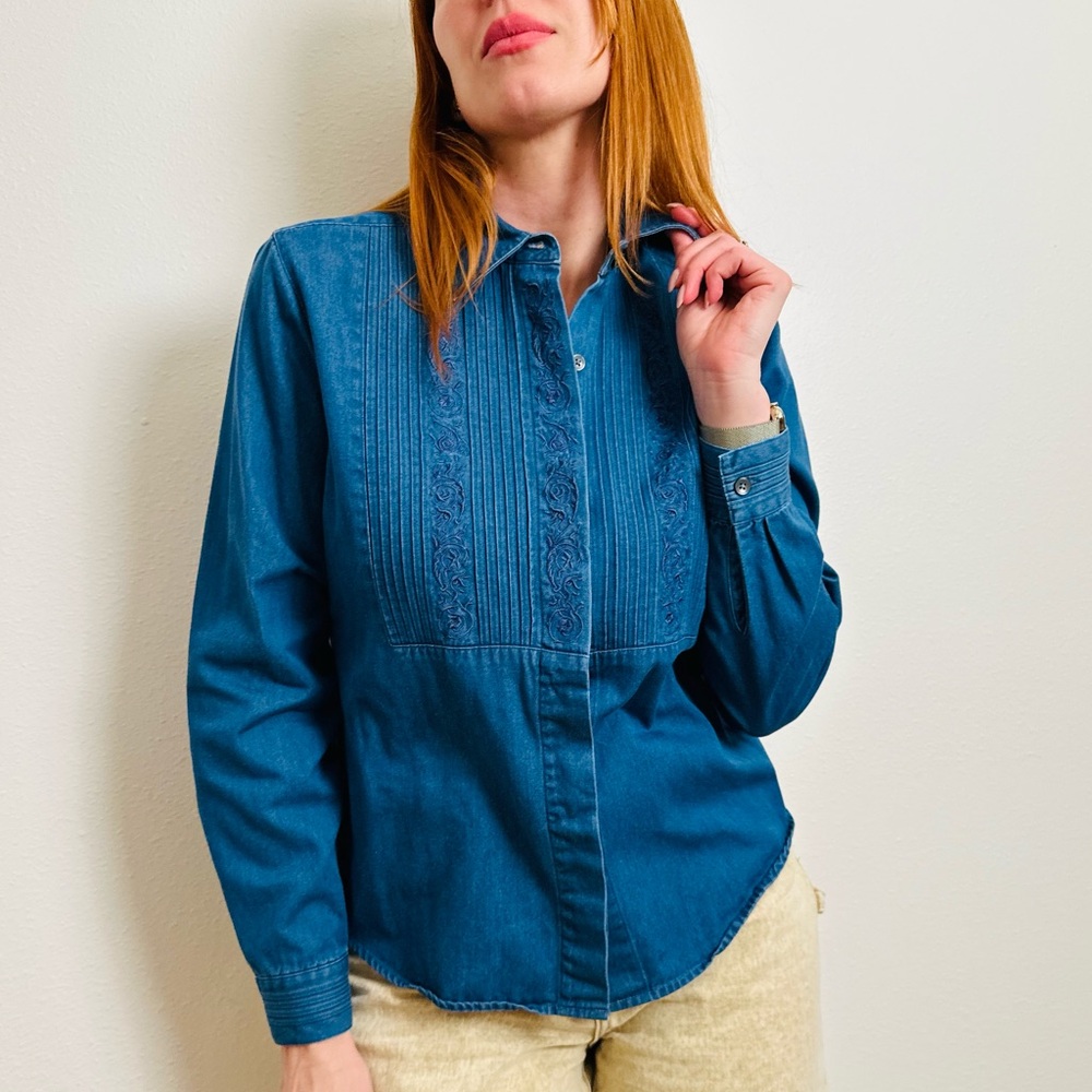 Vintage Talbots Indigo Blue Denim Cotton Western Embroidered Button Down Shirt